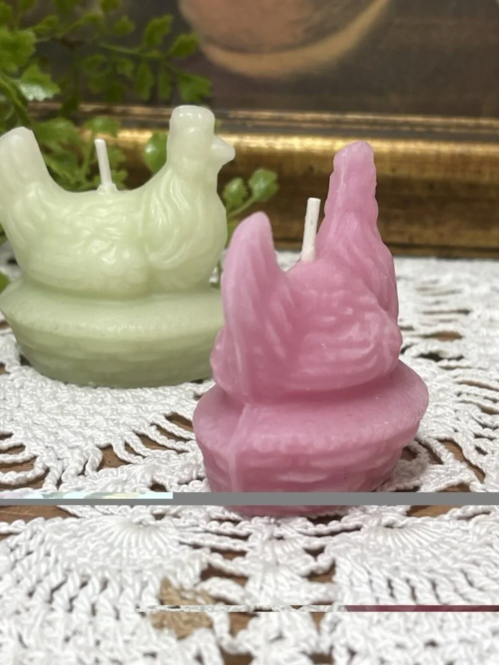 Chicken Hen On Nest Candle Set Of 3 Pink Green Purple 2 Inch